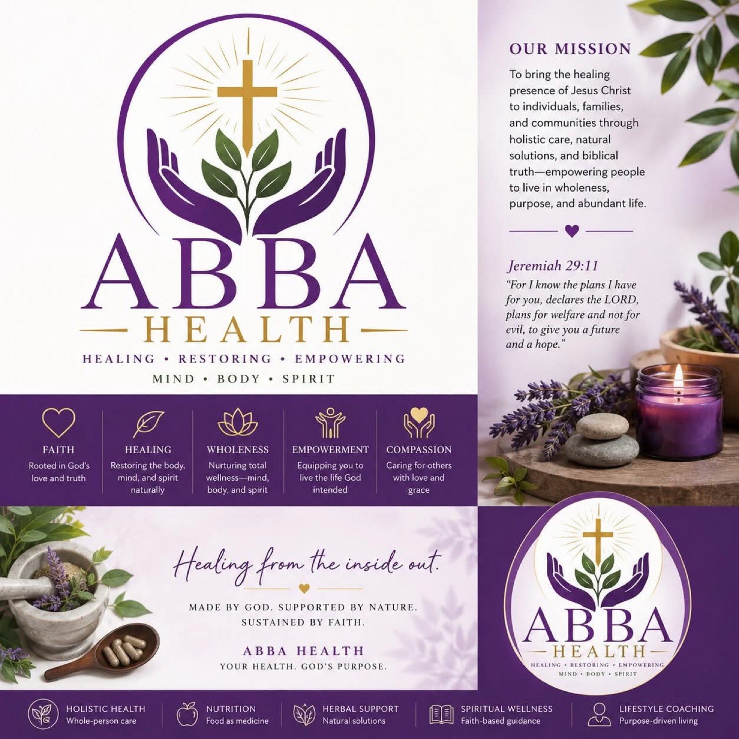 Brand board in purple and gold: a cross above open hands and green leaves, a mission statement, Jeremiah 29:11, and lavender, candle, and herbs