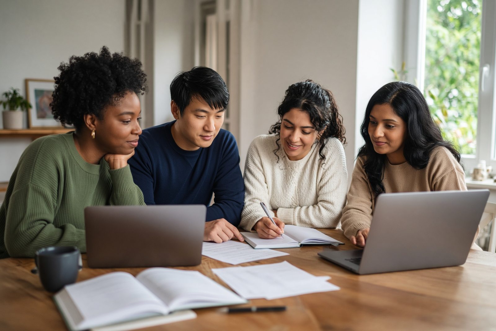 Four adults of different backgrounds studying together with laptops