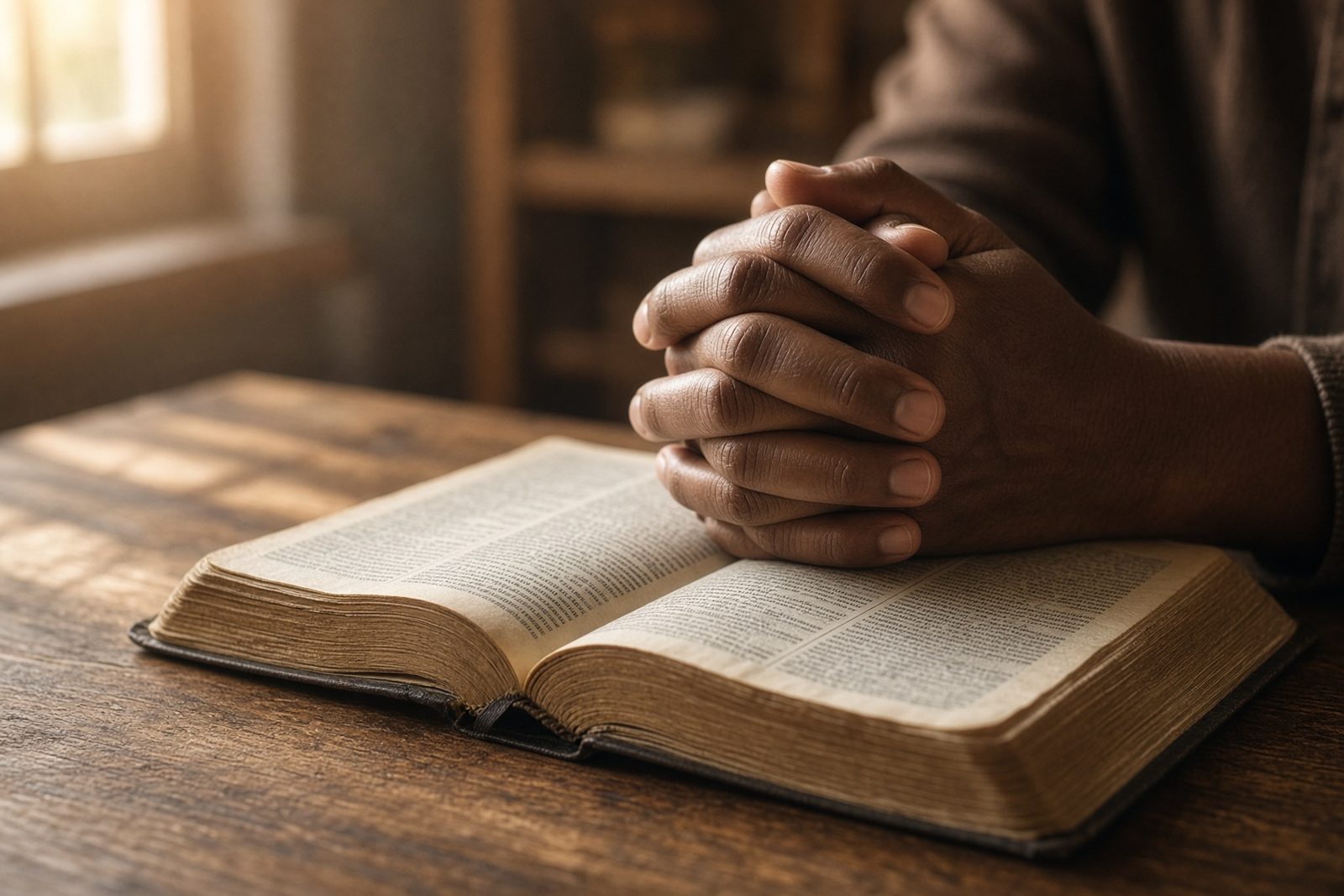 Hands folded in prayer over an open Bible on a wooden table