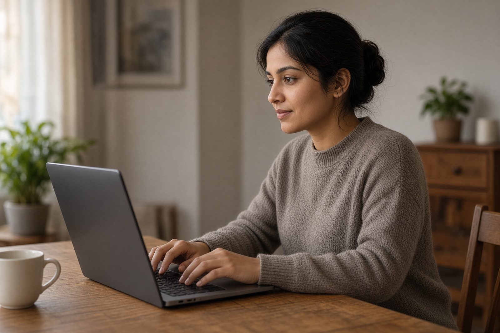 A woman at a laptop during a remote conversation